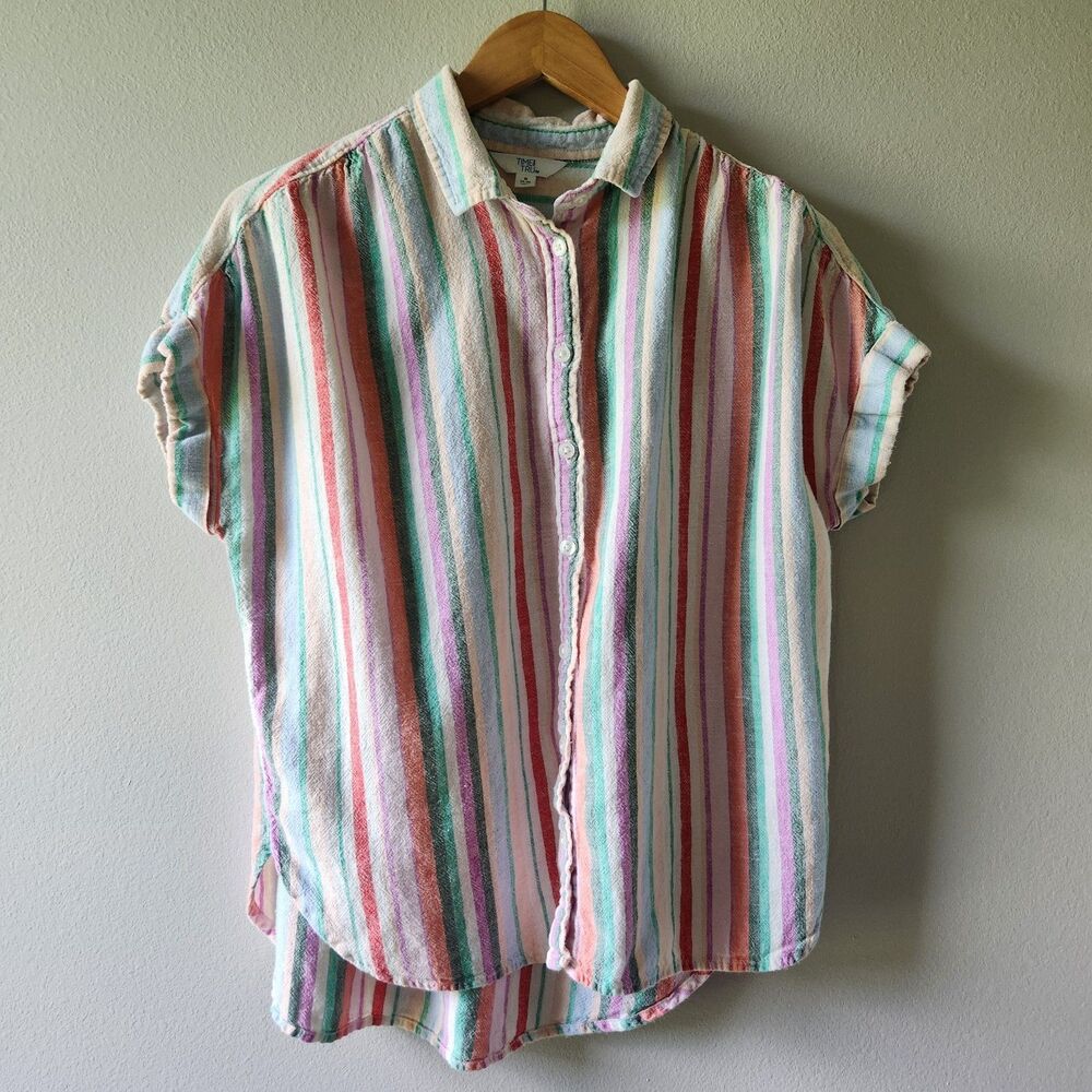 Time And Tru Button Up Shirt Womens XL 16 18 Linen Blend Striped Short Sleeve - Picture 3 of 10
